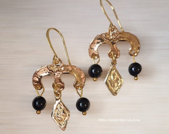 Antique style earrings, handcrafted with two hanging onyx stones. Nickel free.