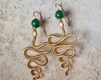 Snake earrings, handcrafted scales with green agate stone. Nickel free.