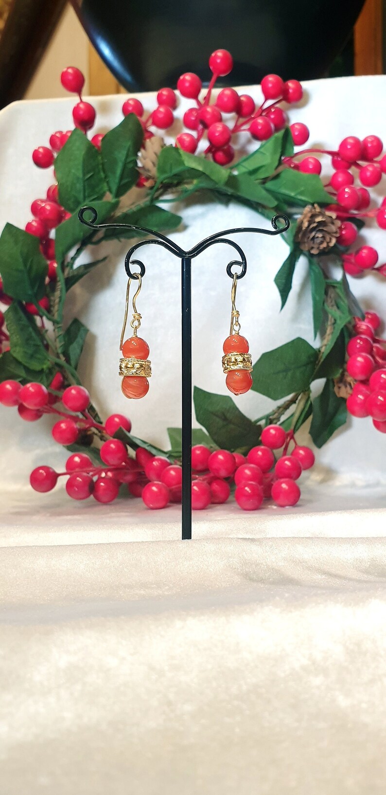 Antique style earrings with 24k gold plated center and pair of carnelian stones. image 1