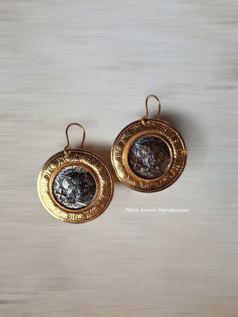 Antique style earrings with Rome Elmata coin reproduction. Craftsmanship. image 2