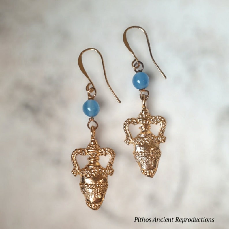 Antique style earrings in the shape of an amphora with turquoise stone. Craftsmanship. image 1