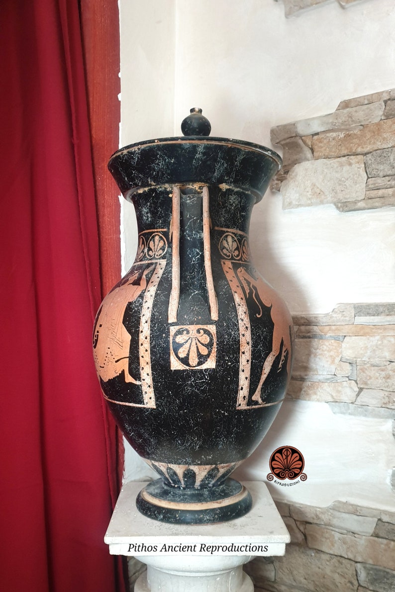 Attic amphora reproduction vase with red-figure lid. Total height 53 cm. image 3