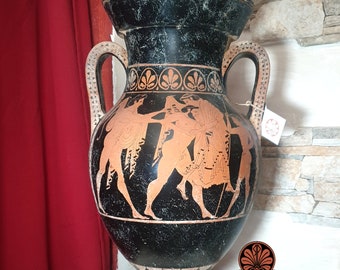 Attic amphora reproduction vase with red-figure lid. Total height 53 cm.