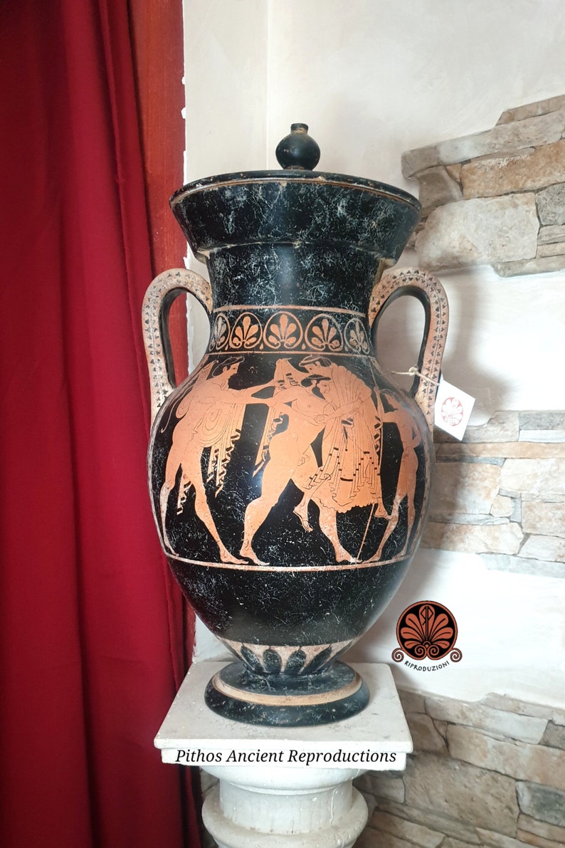 Attic amphora reproduction vase with red-figure lid. Total height 53 cm. image 1