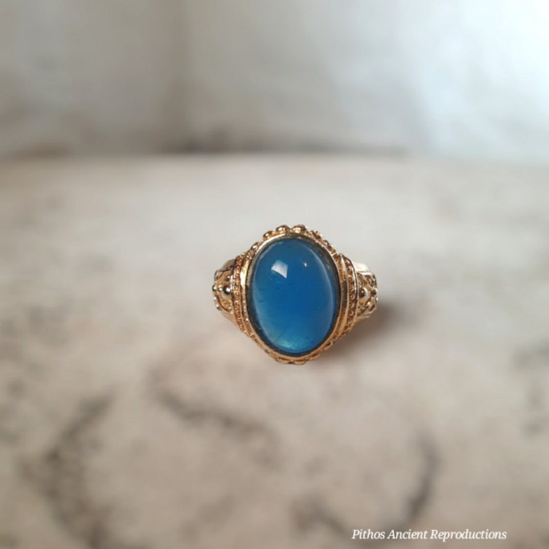 Antique style ring set with blue chalcedony stone. Craftsmanship with 24k gold bath, adjustable size. No Nickel. image 3