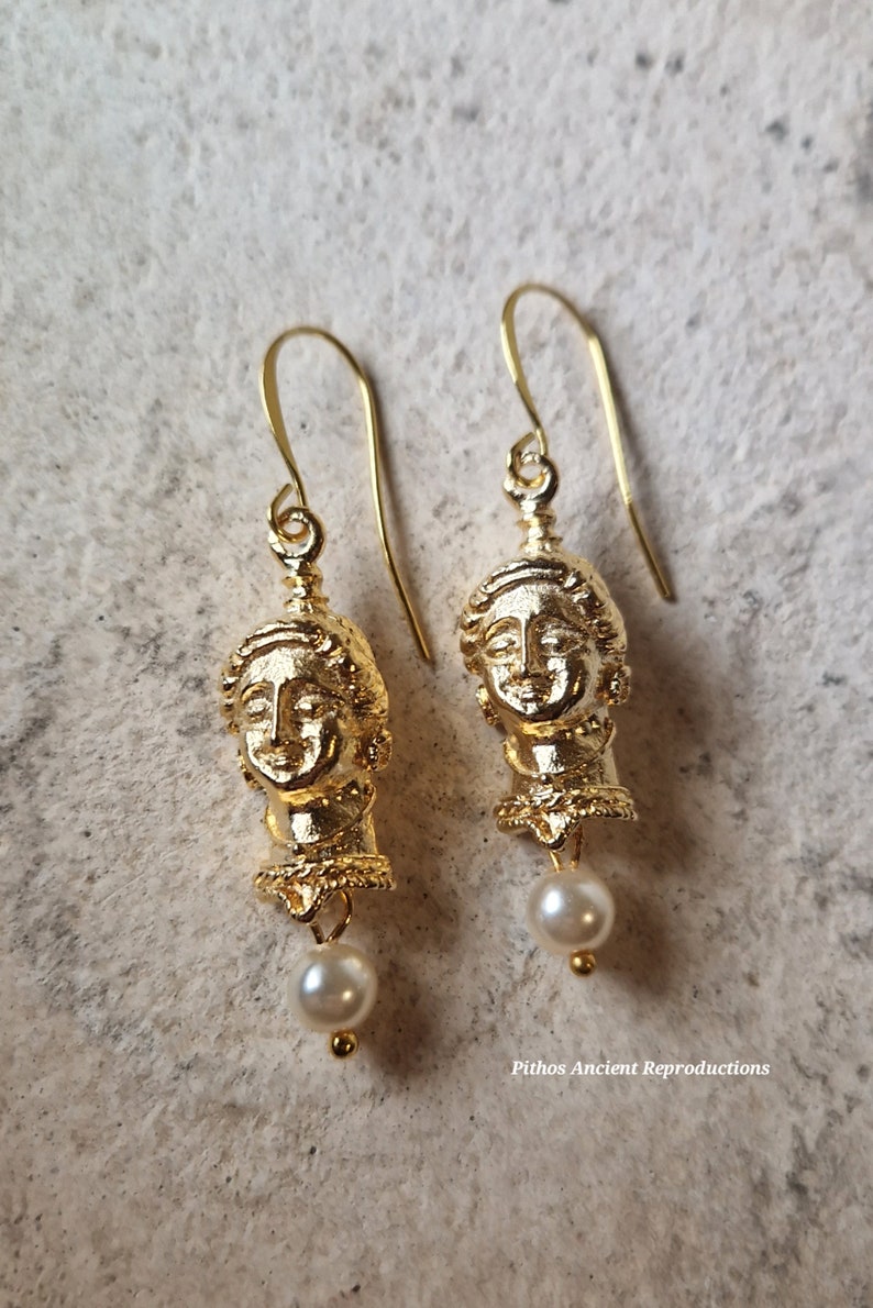 Antique style earrings, depicting the face of a woman with mother of pearl stone. Craftsmanship, Nickel free. image 1