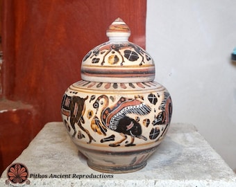 Reproduction of an Etruscan Corinthian black-figure globular pyx. Made using the same ancient techniques.