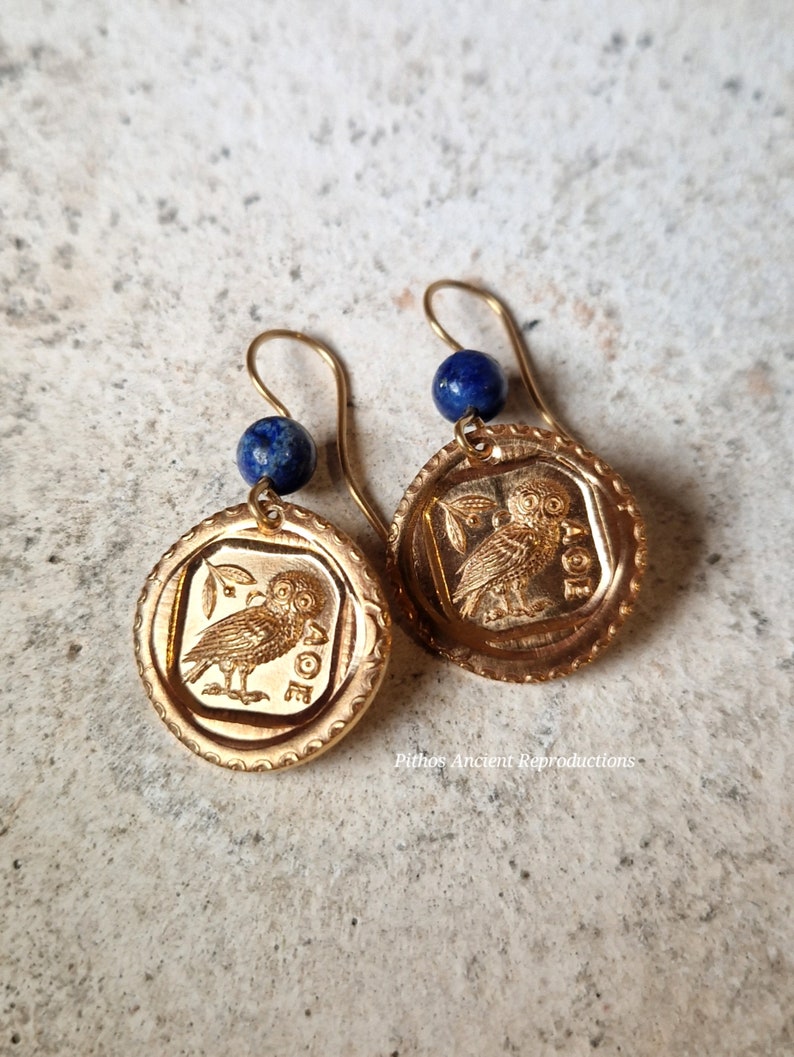 Antique style earrings, depicting Athena's owl with Lapis Lazuli stone. Nickel free. image 1