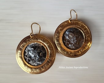 Antique style earrings with Rome Elmata coin reproduction. Craftsmanship.