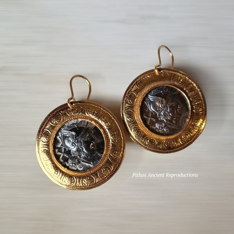 Antique style earrings with Rome Elmata coin reproduction. Craftsmanship. image 1