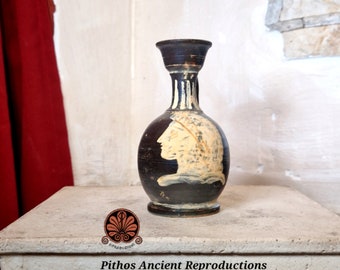 Miniaturistic ceramic reproduction Gnathia, Lekythos vase with black paint. Height 12 cm.