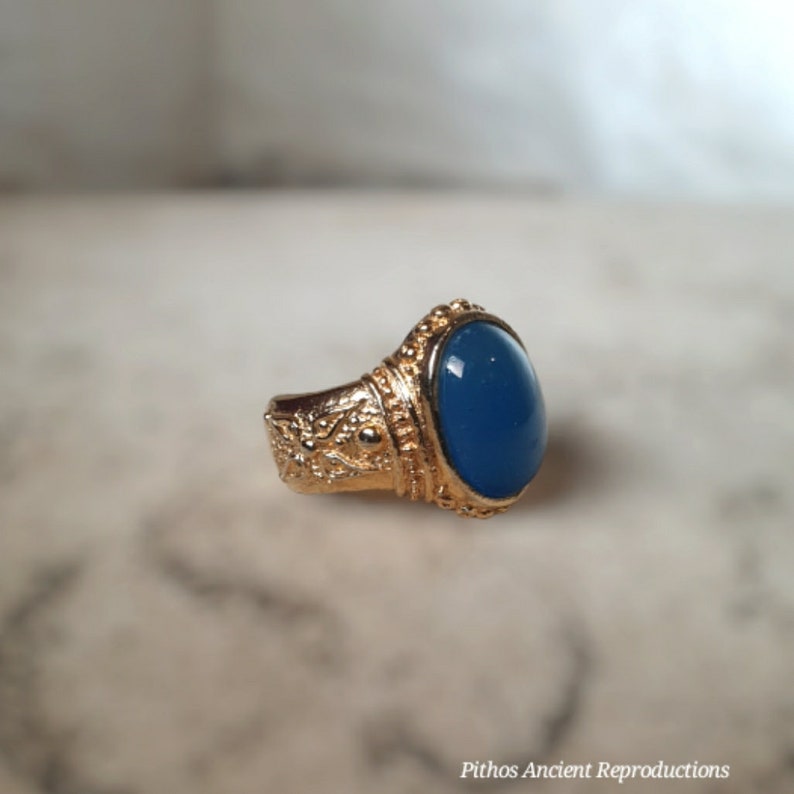 Antique style ring set with blue chalcedony stone. Craftsmanship with 24k gold bath, adjustable size. No Nickel. image 4