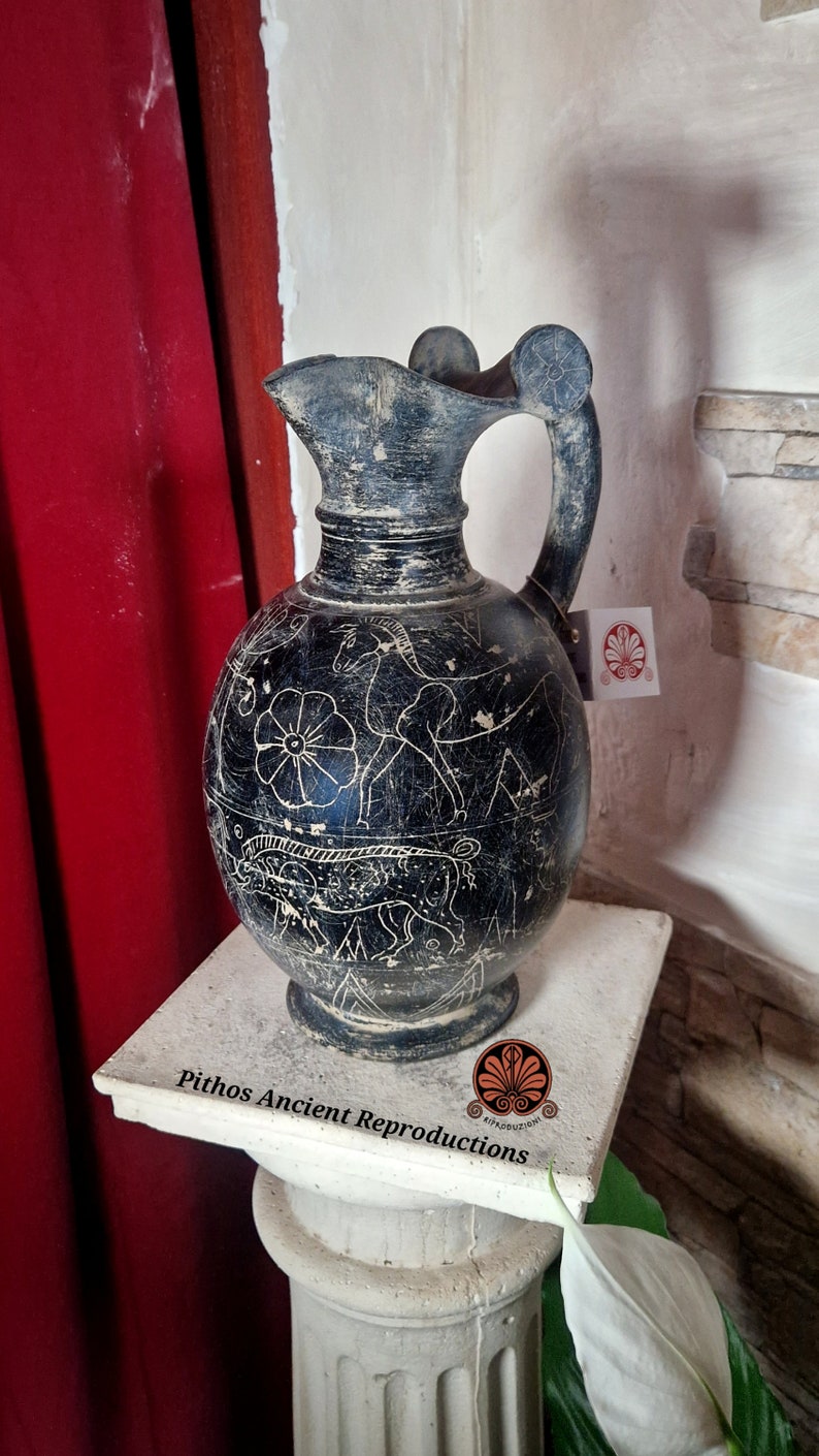 Reproduction of Etruscan Oinochoe vase in Bucchero on wheels, height 30 cm. image 3