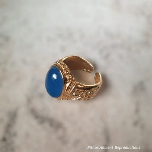 Antique style ring set with blue chalcedony stone. Craftsmanship with 24k gold bath, adjustable size. No Nickel. image 1