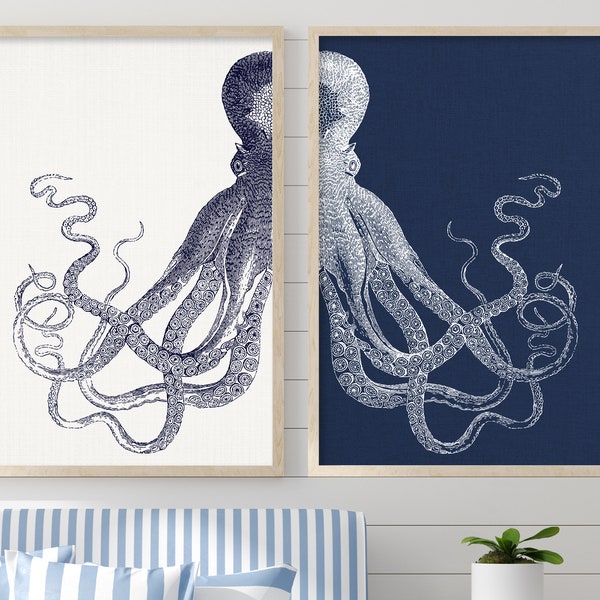 Octopus wall art Set of two prints Nautical decor Coastal decor  Beach house Bathroom wall decor Vintage poster Beach wall art