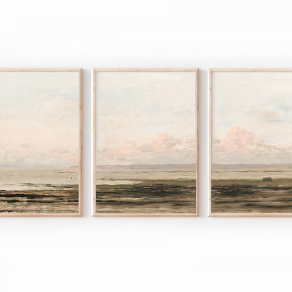 3 Piece Wall Art, Antique Oil Painting, Coastal wall art, Landscape Painting, Beach Wall Art, Nautical Decor , Ocean Painting