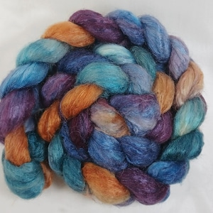 Yak and silk fiber for spinning, a handpainted combed top roving for spinning and felting