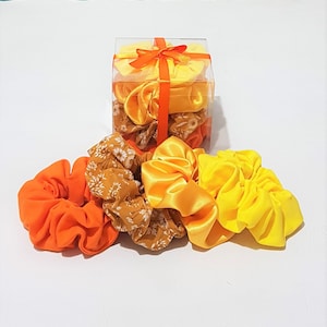 Scrunchies 1 Pack // Scrunchies 4 Pack // Handmade Orange Mustard Floral Yellow Satin Scrunchie Gift