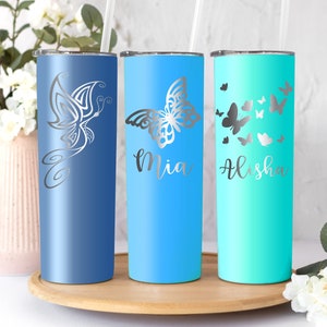 Personalized Butterfly Tumbler 20 Oz Skinny  Butterflies Lovers Gift Laser Engraved