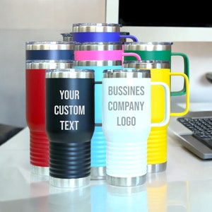 Personalized Custom Business Logo Tumbler with Handle Travel Mug, Laser Engraved Tumbler, Stainless Steel Company Cup 20oz