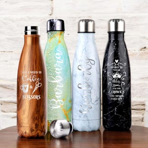 Personalized Sport Water Bottle 17 Oz for School Insulated Cola Shaped Vacuum Bottle, Wooden Marble Colors Stainless Steel Double Wall