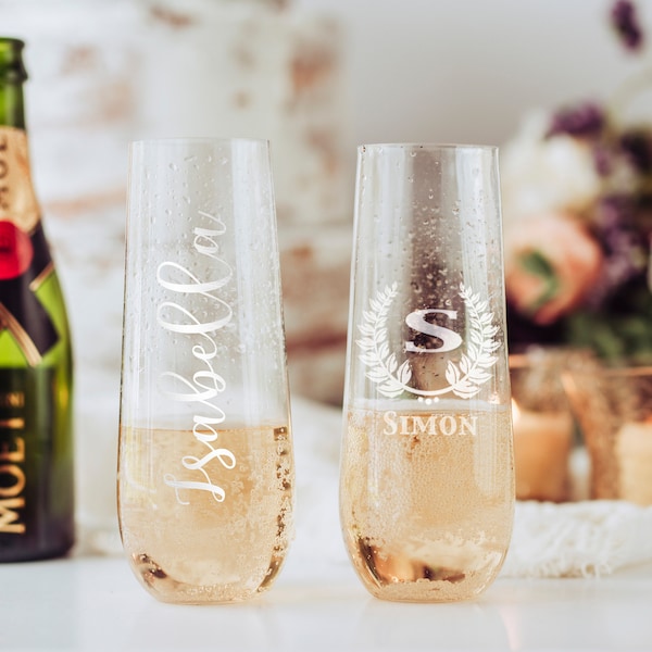 Personalized Champagne Glass Laser Engraved Etched Wedding Stemless Flute Gift for Her Him