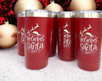 Christmas Coffee Tumbler Mug Gift Believes in Santa Stainless Steel Red Cup for Coworkers Employee Woman Men