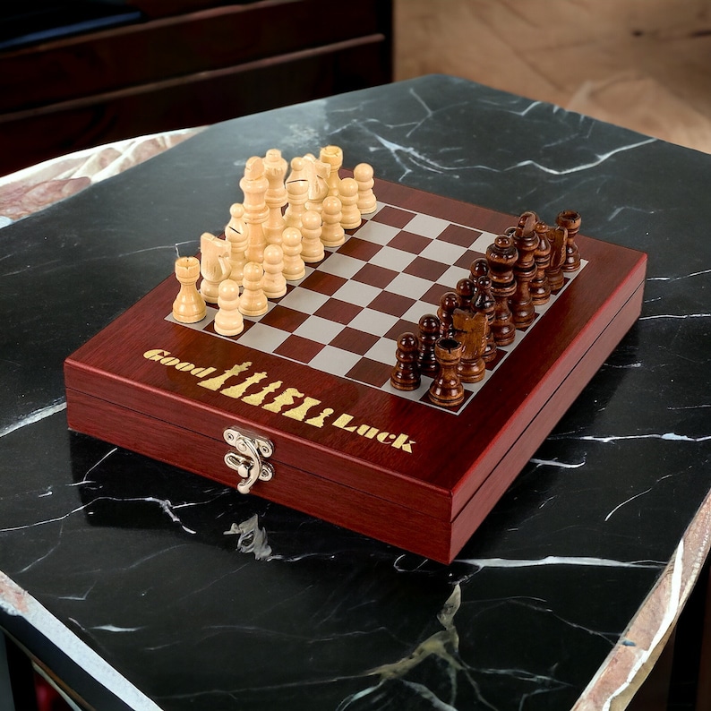 Personalized Chess Set Box Rosewood Finish Gift for Birthday Wedding image 4