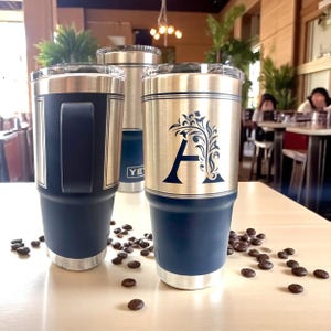 Monogram 20 0z Personalized Tumbler with Handle, Travel Mug Birthday Gift Cup for Her Him, Insulated Coffee Cup Slider Lid