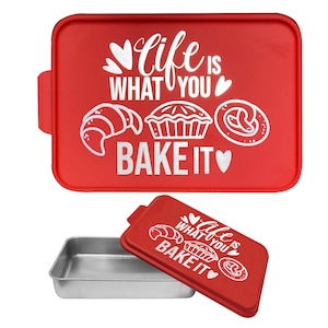 Cake Pan with Red Lid Laser Engraved Kitchen Gift for Mom Grandma Wife Life is What You Bake It