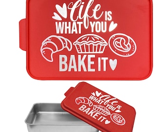 Cake Pan with Red Lid Laser Engraved Kitchen Gift for Mom Grandma Wife Life is What You Bake It