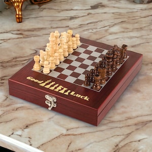 Personalized Chess Set Box Rosewood Finish Gift for Birthday Wedding image 1