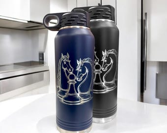 Personalized Chess Theme Water Bottle Drinkware Chess Horse Lovers Gift, Laser Engraved Birthday Christmas Tournament Gift Bottle, 32 oz
