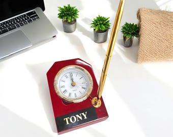 Rosewood Desk Clock Personalized, with Pen Office Gift