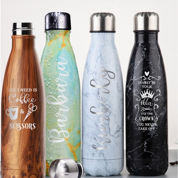 Personalized Sport Water Bottle for School Insulated Cola Shaped Vacuum Bottle, Wooden Marble Colors Stainless Steel Double Wall