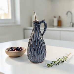 Stoneware Oil bottle divot - cruet carved blue