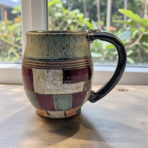 Color block stoneware pottery mug - quilt mug