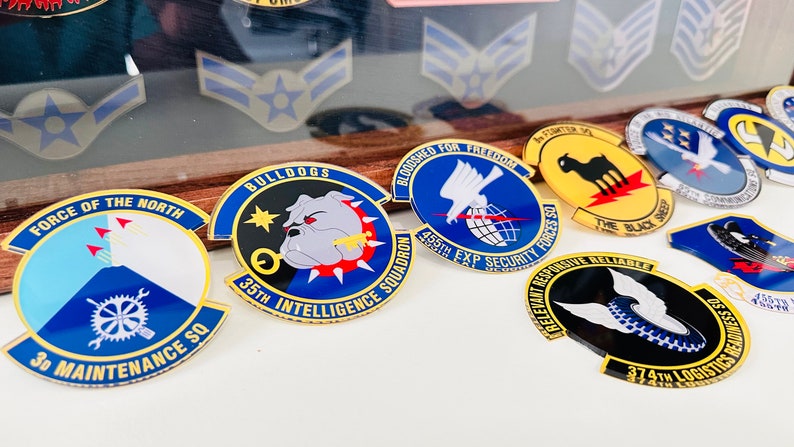 May include: A collection of eight military unit patches, each with a unique design and color scheme. The patches feature a variety of symbols, including a bulldog, a dove, a goat, and a tire. The patches are all circular and have a gold border.