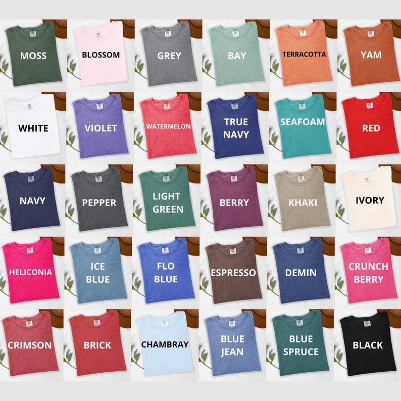 May include: A color chart of 25 different colors of t-shirts. The colors include moss, blossom, grey, bay, terracotta, yam, white, violet, watermelon, true navy, seafoam, red, navy, pepper, light green, berry, khaki, ivory, heliconia, ice blue, flo blue, espresso, demin, crunch berry, crimson, brick, chambray, blue jean, blue spruce, and black.