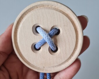 Wooden Button Brooch with Pink Blue Green Color Cotton Tie , BeeButton Natural Maple Wood Button,