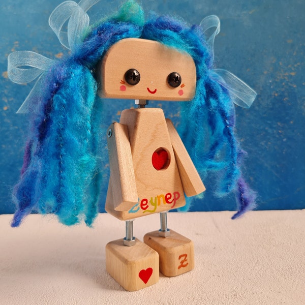 Natural Wood Personalised Waldorf Robot Doll with Colourful Yarn Hair, Handmade Birthday & Baby Shower Gift, Nursery Kids Room Decor Gift