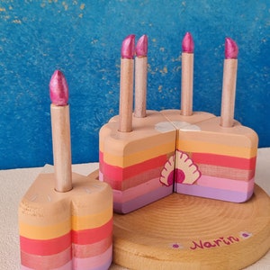 Pink White Shiny Pearl Shell Wooden Birthday Cake Gift, Waldorf Celebration Center Piece, Montessori Kitchen Play Set, Girls Birthday Gift
