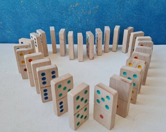 Wooden Blue Pink Domino Game Set,  Handmade Ecofriendly Easter Gift for Kids, Natural Wood Family& Travel Game Kit, Educational Domino Block