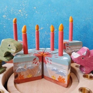Dinosaurs Theme Wooden Waldorf Birthday Cake, Eco-friendly Spring Gift, Montessori Kitchen Play Set, Waldorf Celebration Ring Center Piece