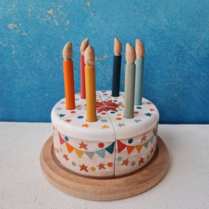 Carnival Theme Colorful Dots Natural Wood Birthday Cake, Waldorf Celebration Gift Set, Montessori Kitchen Play Toy, Boys Girls Birthday Gift