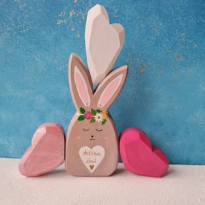 Natural Wood Rabbit & Pink Heart Gift Set, Nursery and Kids Room Decor, Pretend Play Birthday and Easter Gift for Girl, Waldorf Toddler Toys