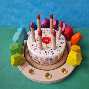 Wooden Rainbow Colors Theme Birthday Cake Gift, Montessori Pretend Play Cake Set, Natural Handmade Christmas Cake Gift for Boys and Girls