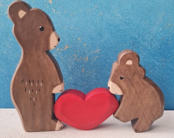 Ensemble d'amour familial en bois naturel, ours en bois pour chambre d'enfant et chambre d'enfant, cadeau pour la Saint-Valentin, Pâques, jeu de simulation et jouets Waldorf