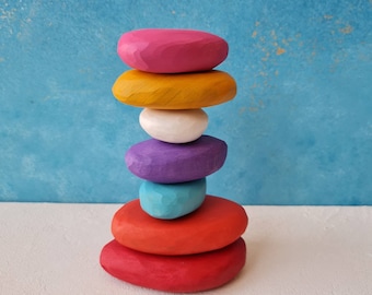 Colorful Wooden Rainbow Pebbles Set 7pcs, Wooden Blocks & Rocks, Open-ended Play Toy,  Birthday Gift for Kids, Natural Wood Balancing Blocks