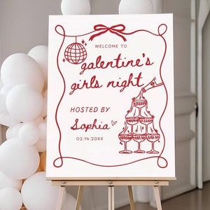 Galentines Day Willkommensschild-Vorlage, wunderliches handgezeichnetes Valentinstagspartyschild, rosa Girls Night Party Decor Willkommensschild bearbeitbar